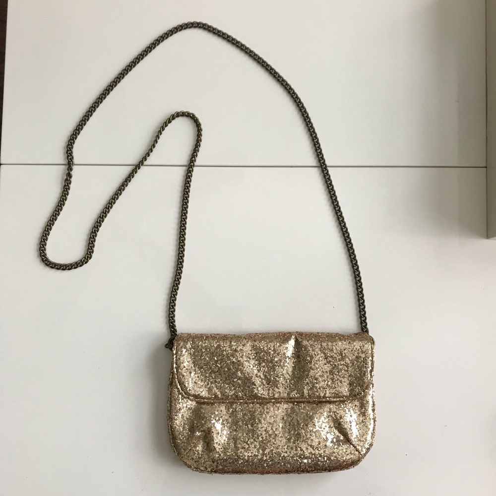 J. Crew Gold Glitter Crossbody Chain Evening Purse